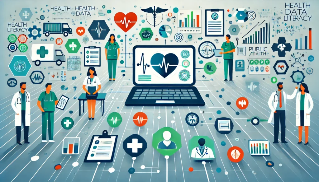 Images shows different types of health care providers and health information technologies. The words health data, literacy and health data literacy appears throughout the image.